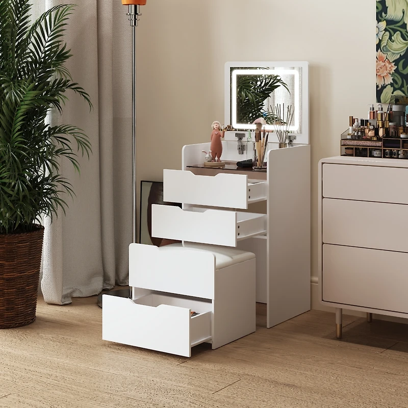 Glass Top and Led Mirror Makeup Vanity Table Set, 3 Draws Dresser,Bedside Table