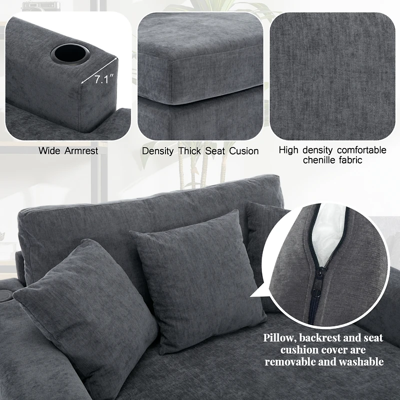 Streamdale Oversized Chaise Lounge Sofa with Amenities, Chenille Fabric, Blue Gray