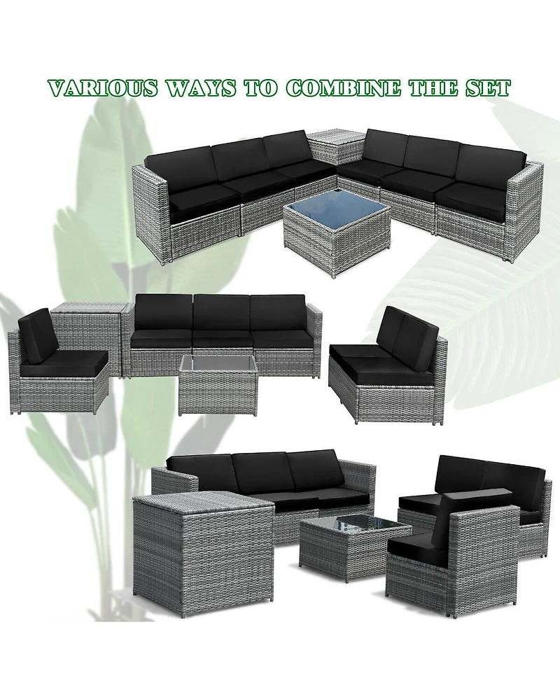 Sugift 8 Piece Wicker Sofa Rattan Dinning Set Patio Furniture with Storage Table-Black