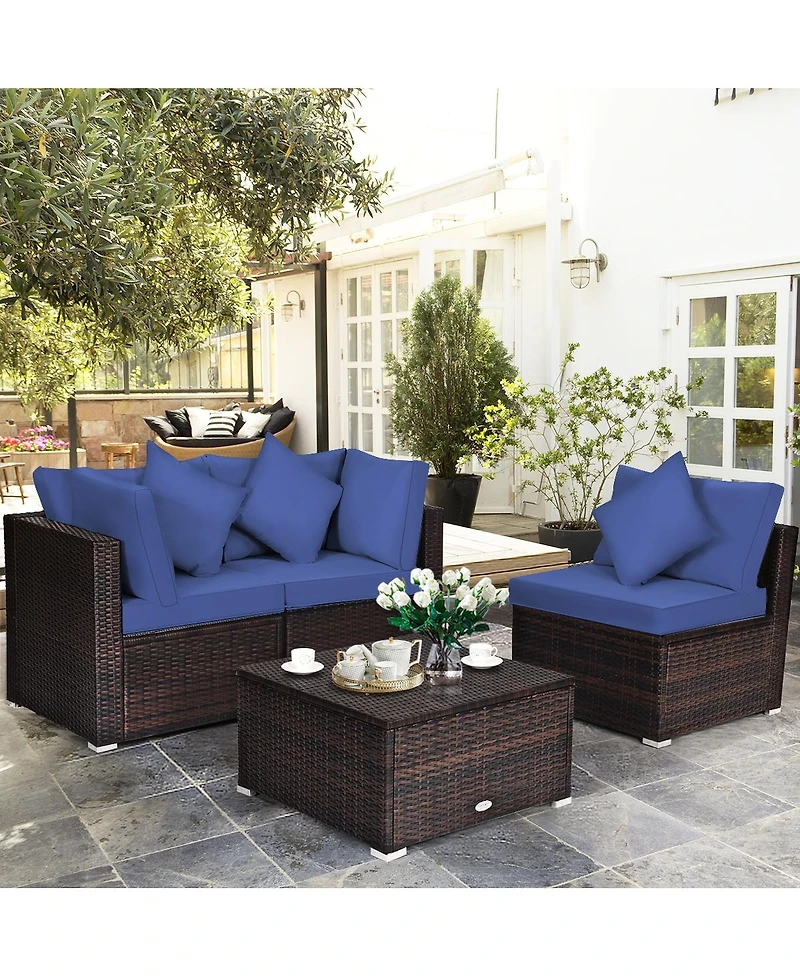 Sugift 4 Pieces Ottoman Garden Patio Rattan Wicker Furniture Set with Cushion-Navy