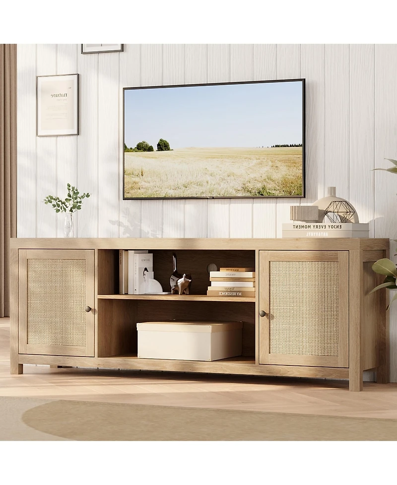gaomon Tv Stand for 75 Inch Tv, Rattan Entertainment Center with Storage, Wood Tv & Media Console
