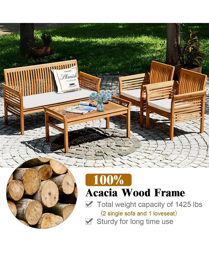 Sugift 4 Pieces Outdoor Acacia Wood Sofa Furniture Set