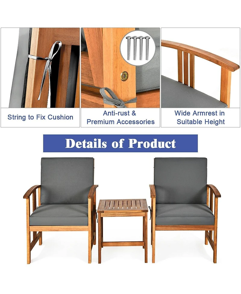 Sugift 3PC Solid Wood Outdoor Patio Sofa Furniture Set-Gray