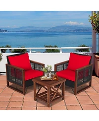 Sugift 3 Pieces Acacia Wood Patio Furniture Set with Coffee Table-Red