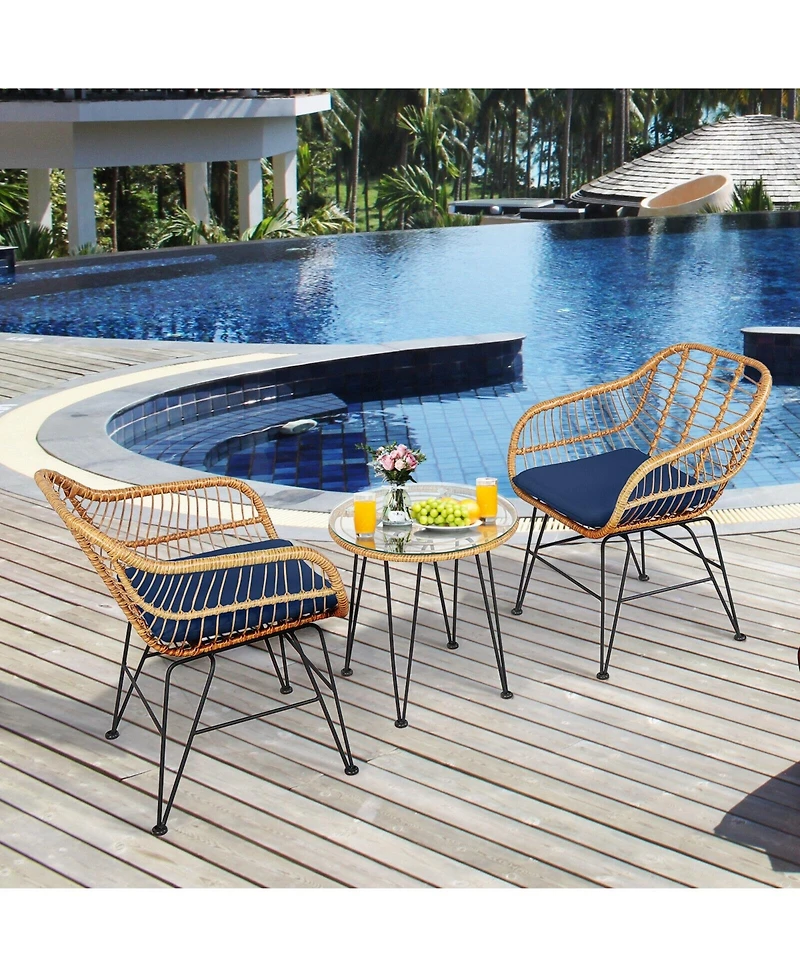 Sugift 3 Pieces Rattan Furniture Set with Cushioned Chair Table-Navy