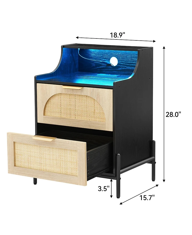 Rattan Nightstand with Charging Station and Led Lights, Bedside Table with 2 Storage Rattan Drawer, Storage End Table, Black
