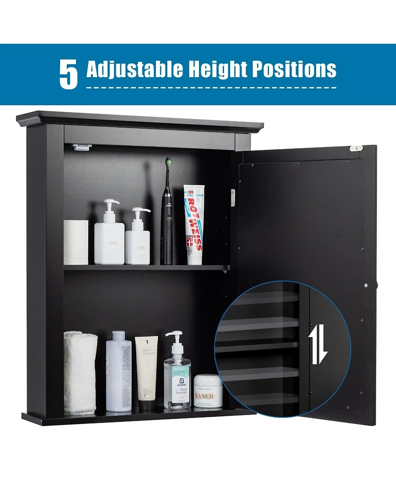 Sugift Wall Mounted Bathroom Mirror Cabinet with 5-level Height-adjustable Shelf-Black