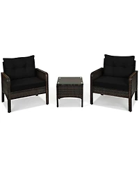 Sugift 3 Pcs Outdoor Patio Rattan Conversation Set with Seat Cushions-Black