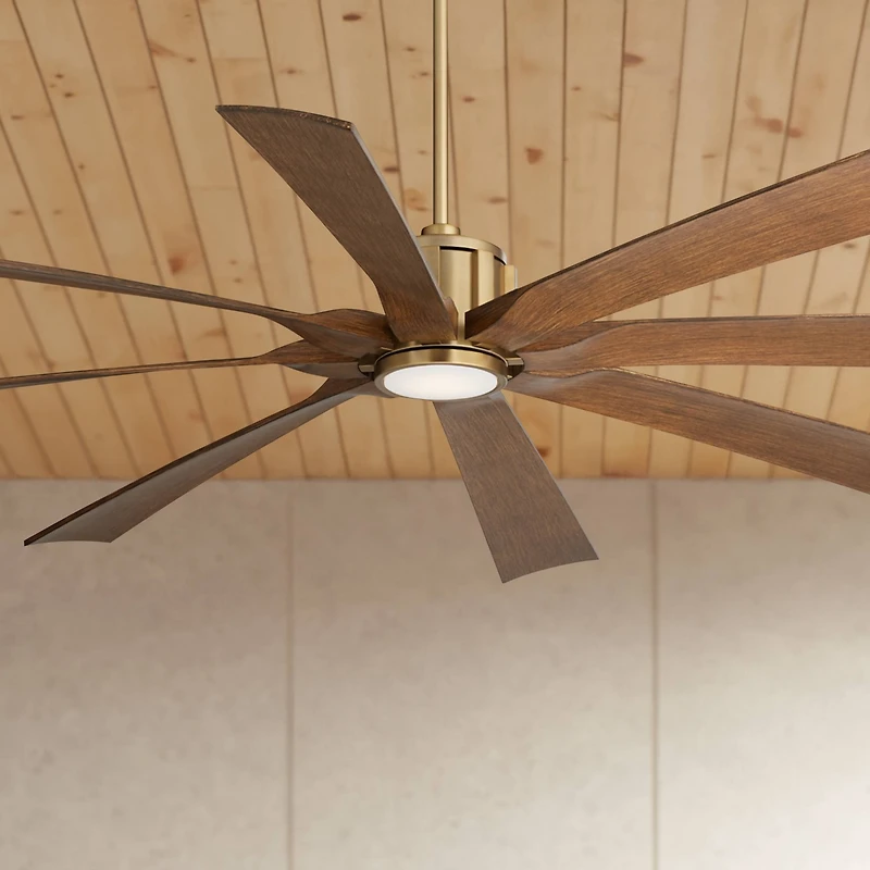 Possini Euro Design 70" Defender Indoor Outdoor Ceiling Fan 8 Blade Led Light Remote Control Soft Brass Motor Koa Finish Blades Damp Rated