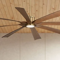 Possini Euro Design 70" Defender Indoor Outdoor Ceiling Fan 8 Blade Led Light Remote Control Soft Brass Motor Koa Finish Blades Damp Rated