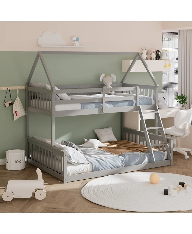 Sugift Twin Over Full House Bunk Bed with Ladder and Guardrails-Gray