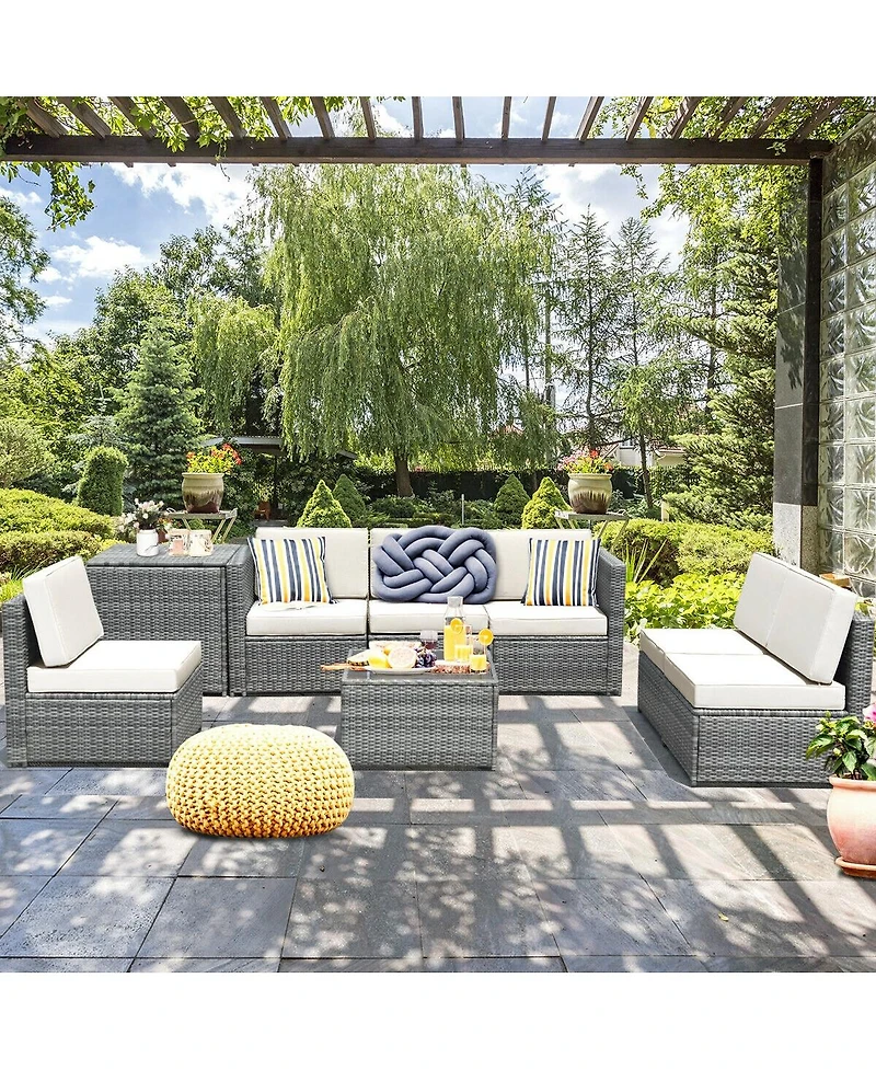 Sugift 8 Piece Wicker Sofa Rattan Dinning Set Patio Furniture with Storage Table-White