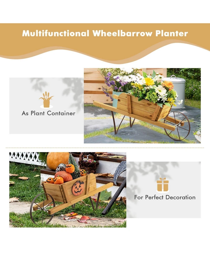 Sugift Wooden Wagon Planter with 9 Magnetic Accessories for Garden Yard-Walnut