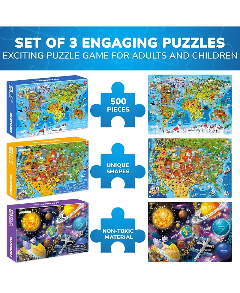 Quokka 3 Pack Puzzles for Kids Ages 8-10 and Adults - World, Usa Map & Space
