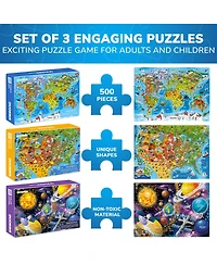 Quokka 3 Pack Puzzles for Kids Ages 8-10 and Adults - World, Usa Map & Space