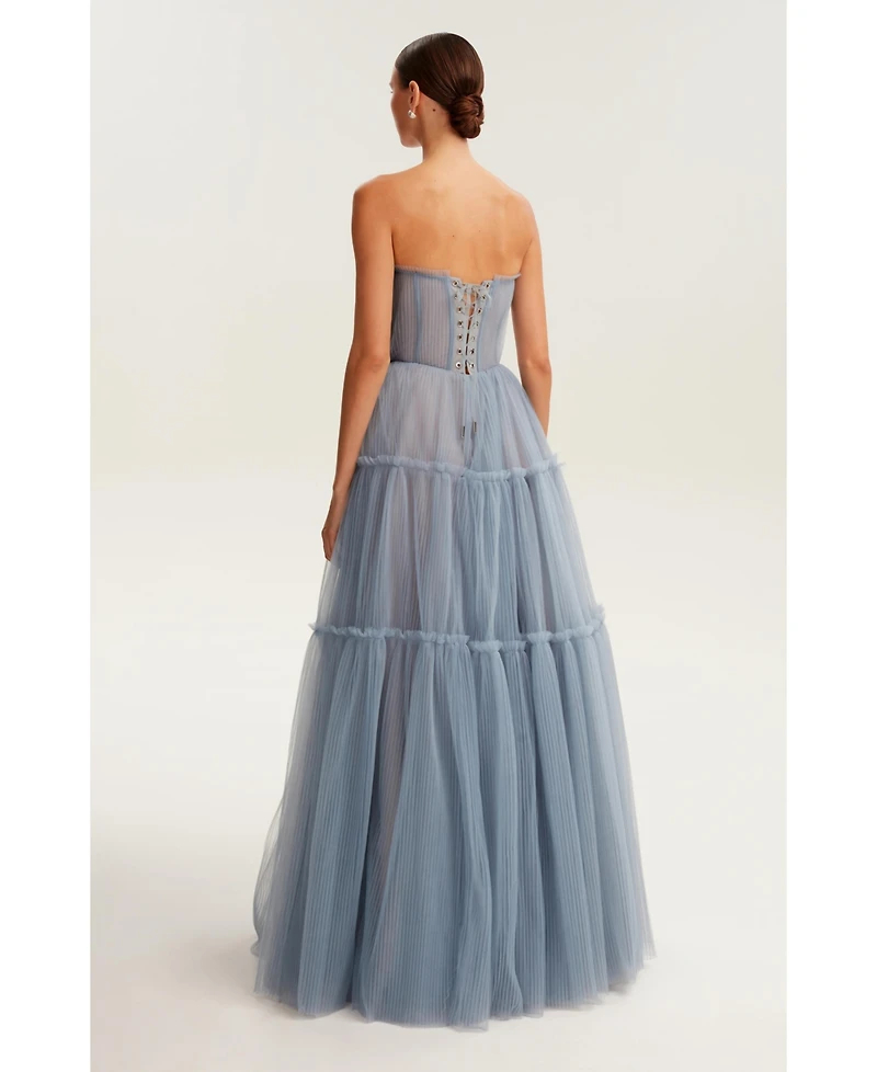 Milla Women's Cloudy Blue Tulle Maxi Dress With Ruffled Skirt