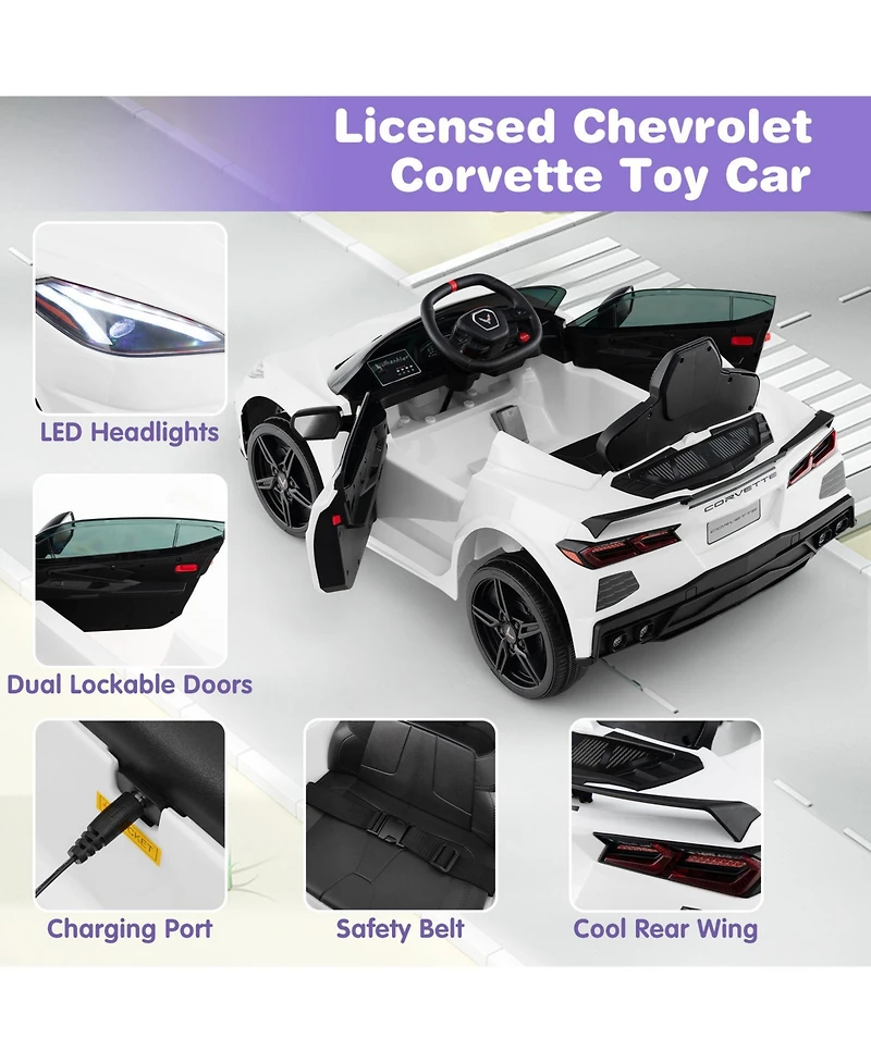 Hongge 12V Electric Kids Ride On Car Licensed Chevrolet Corvette C8 with Remote Control Ages 3+ Years Old