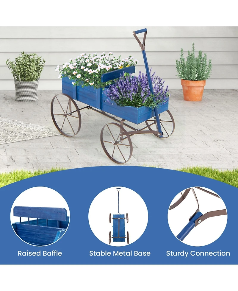 Sugift Wooden Wagon Plant Bed with Metal Wheels for Garden Yard Patio-Blue