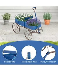 Sugift Wooden Wagon Plant Bed with Metal Wheels for Garden Yard Patio-Blue