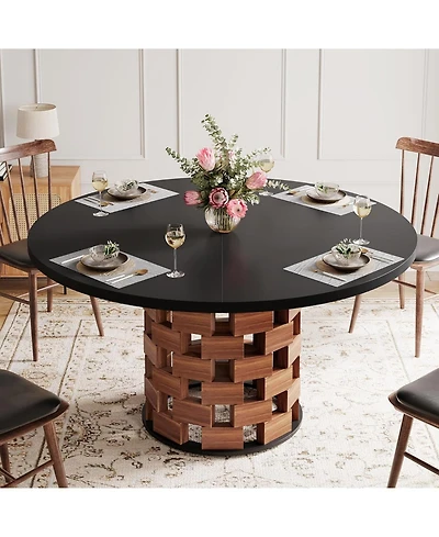 Tribesigns Round Dining Table for 4-6 People, 47-Inch Dining Table Farmhouse Kitchen Table, Dining Room Table with Wood Rectangular Block Base, Circle