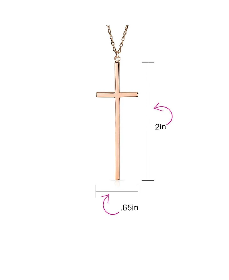 Bling Jewelry Modern Elongated Simple Basic Long Flat Thin Delicate Religious Latin Cross Pendant Necklace Rose Gold Plated .925 Sterling Silver