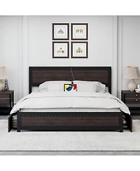 gaomon Full/Queen/King Bed Frame With Headboard,Industrial Platform 4 Storage Drawers And Charge Station,Strong Metal Slats Suppor