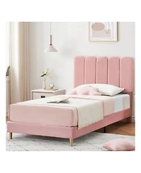 gaomon Twin Bed Frame For Girls, Velvet Upholstered With Headboard, No Box Spring Needed, Wooden Slats Support, Easy Assembly