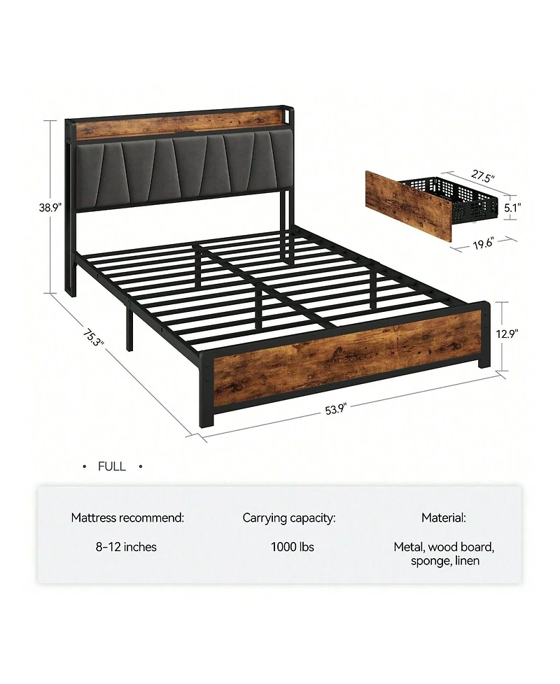 gaomon Bed Frame With 4 Storage Drawers And Linen Upholstered Headboard,Platform Bed Frame With Charging Station, No Box Spring Needed, Easy Assembly