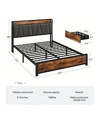 gaomon Bed Frame With 4 Storage Drawers And Linen Upholstered Headboard,Platform Bed Frame With Charging Station, No Box Spring Needed, Easy Assembly