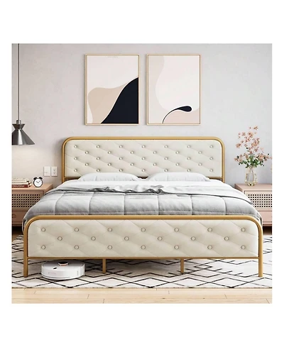 Gaomon Full/Queen/King Size Upholstered Bed Frame, Velvet Upholstery, Button Tufted Curved Headboard, Sturdy Metal Slats, Noise-Free Platform Bed