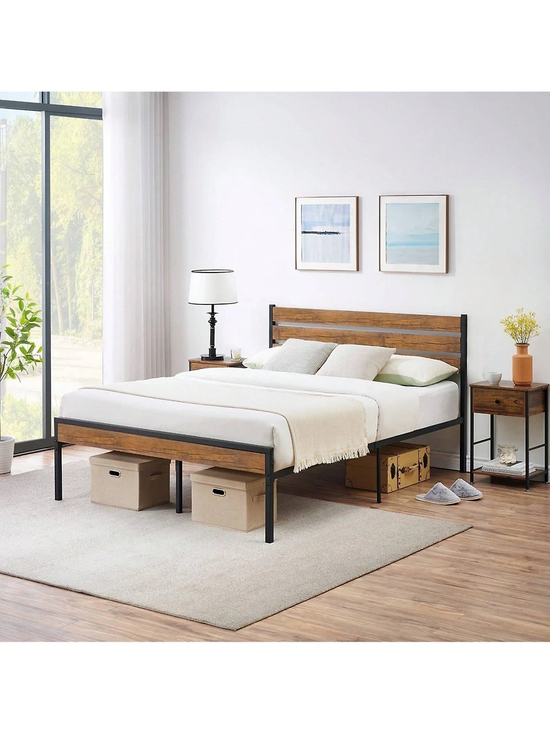 gaomon Full/Queen Bed Frame, Bed Frame With Wooeden Headboard And Footboard, Platform Bed Frame With Underbed Storage Space, Rustic Country Style