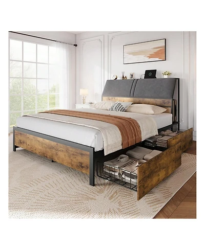 gaomon Full/Queen Size Vintage Style Bed Frame, Ergonomic Large Storage Bed With Four Under-Bed Drawers, Provides Superior Under-Bed And Backrest Stor