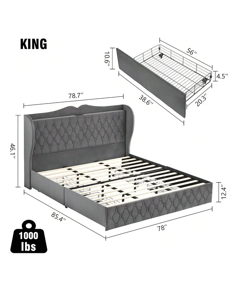 gaomon Bed Frame With Charging Station And 4 Storage Drawers, Velvet Upholstered Tall Tufted Wingback Headboard And Storage Shelf, No Box Spring Neede
