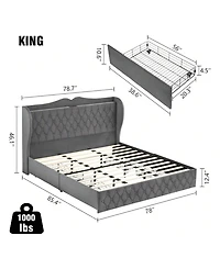 gaomon Bed Frame With Charging Station And 4 Storage Drawers, Velvet Upholstered Tall Tufted Wingback Headboard And Storage Shelf, No Box Spring Neede