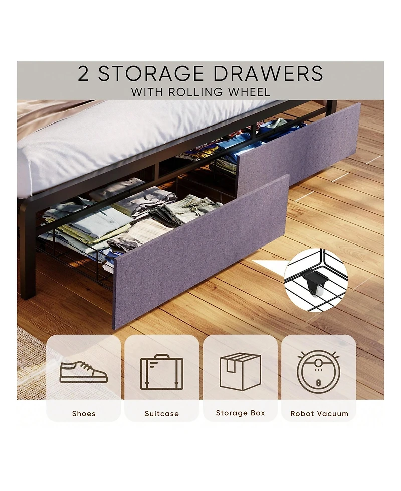 gaomon Full Size Bed Frame With Storage Headboard, 2 Drawers, Charging Station Led Upholstered Bed Frame, No Box Spring Needed Platform Bed Frame For