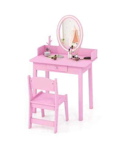 Kids Vanity Set with Lighted Mirror Chair 2-Color Led Lighting for Girls Makeup