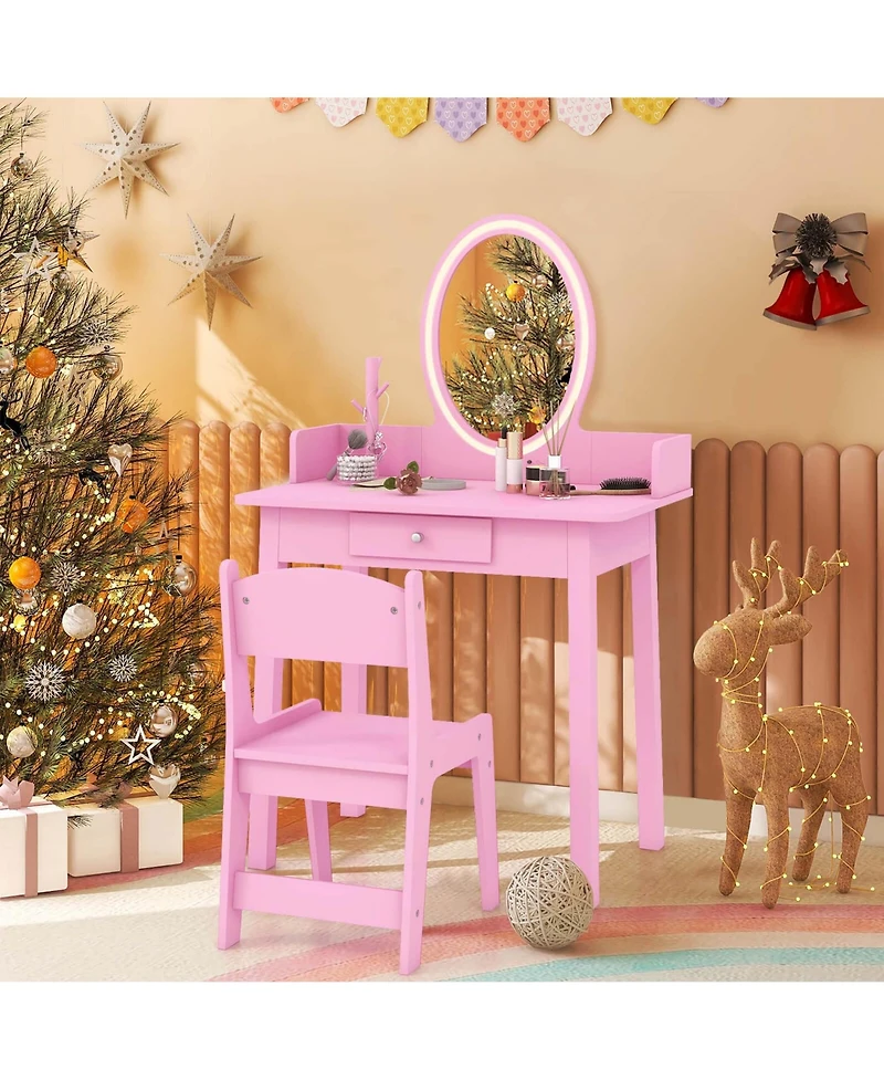 Kids Vanity Set with Lighted Mirror Chair 2-Color Led Lighting for Girls Makeup