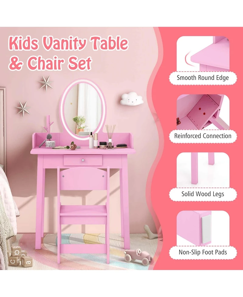Kids Vanity Set with Lighted Mirror Chair 2-Color Led Lighting for Girls Makeup
