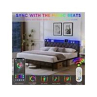 gaomon Full Size Bed With Storage Headboard, Charging Station And Led Lights, Upholstered Platform Bed Frame With Metal Slats, Noise Free, No Box Spri