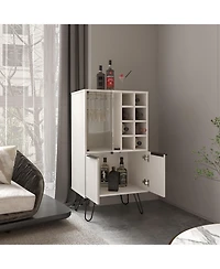 Lutak Bar Cabinet with 2 Doors, 9 Shelves, and 1 Glass Panel, White Washed Oak