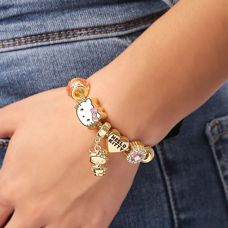 Hello Kitty Sanrio 7'' Fashion Charm Bead Bracelet with Pink and Gold Tone Enamel Beads
