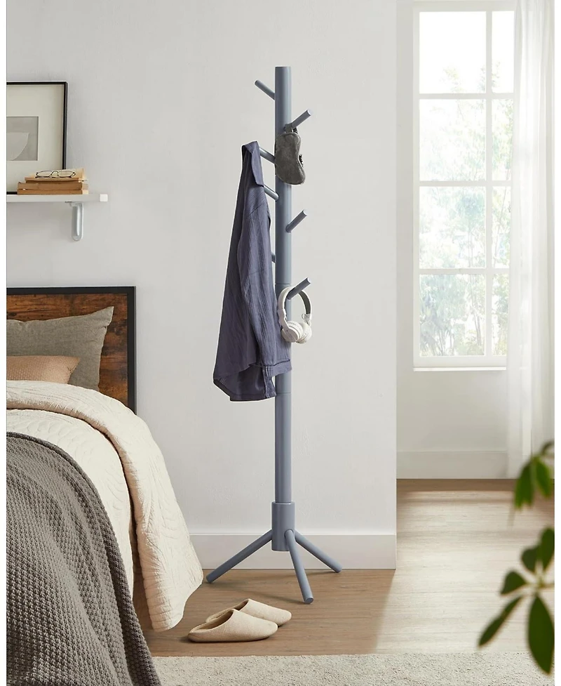 Songmics Home Solid Wood Free-Standing Coat Rack with 8 Hooks & 3 Adjustable Heights, Grey