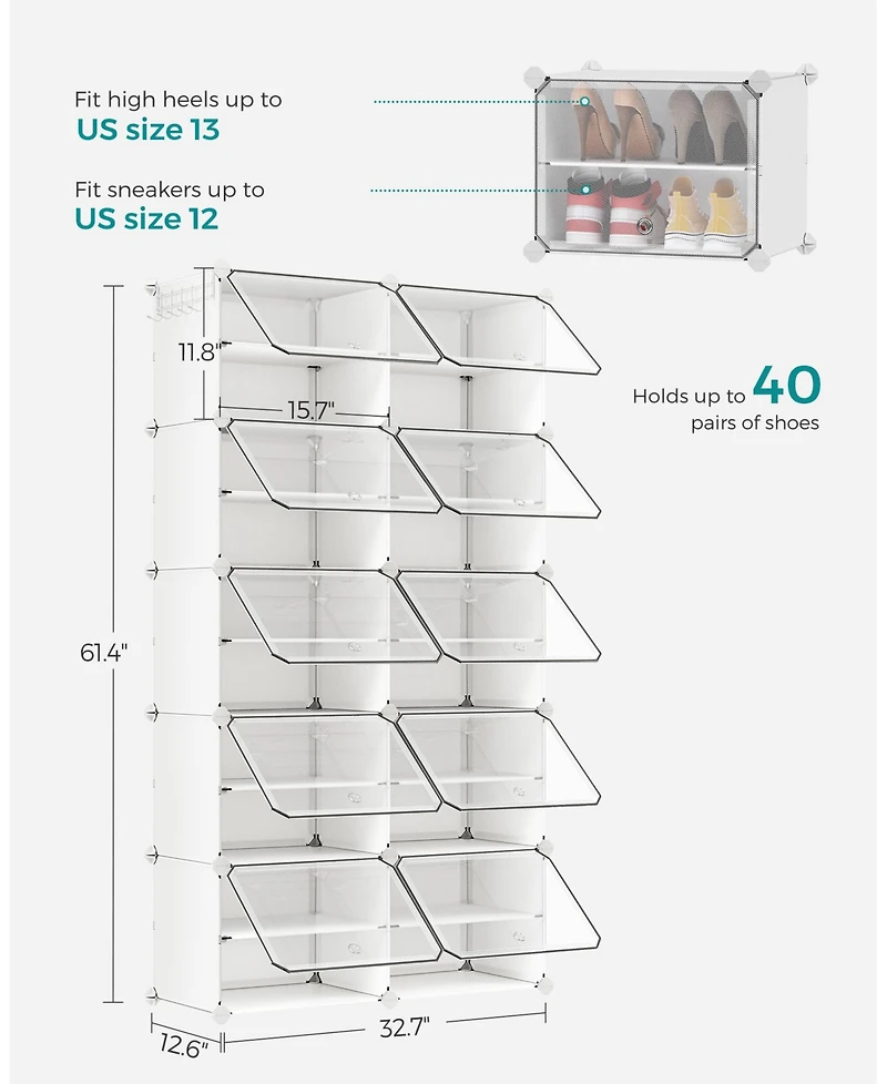 Songmics Home 40 Pair Plastic Shoe Storage Cabinet for Bedroom and Entryway, White