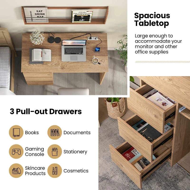 Computer Desk with Power Outlet Keyboard Tray & 3 Large Drawers Type-c & Usb Ports