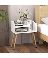 Costway Mid Century Modern End Table with Open Shelves Metal Support Legs for Bedroom