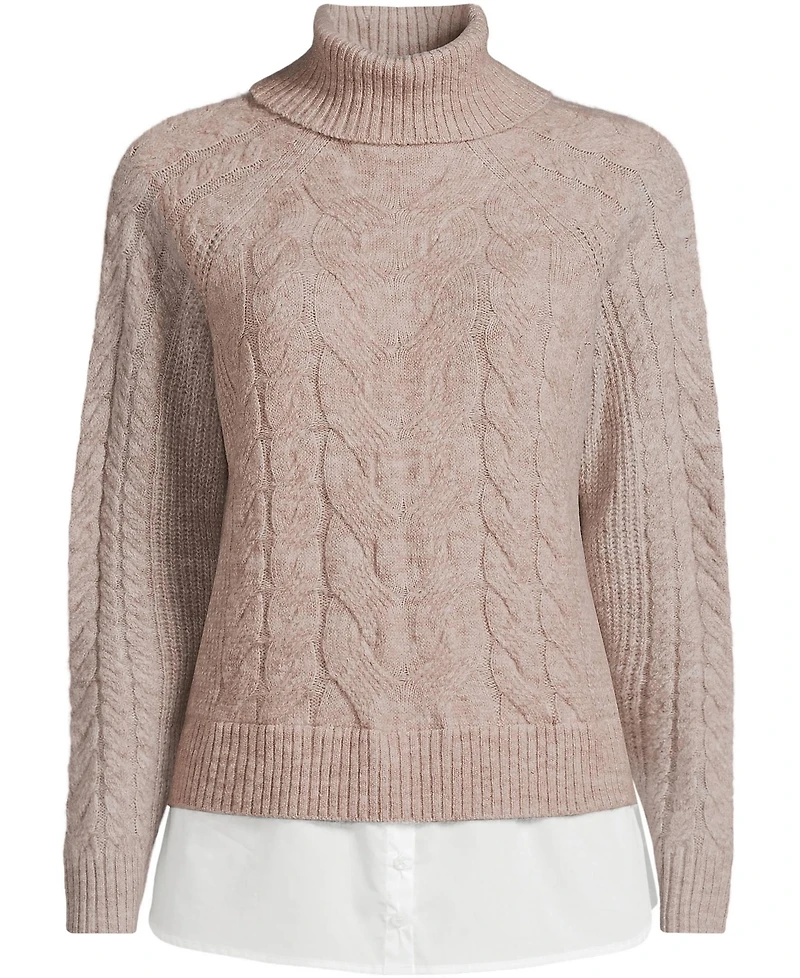 Lands' End Women's Cable Turtleneck with Mock Shirt Detail Sweater