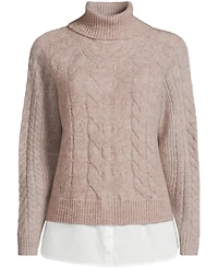 Lands' End Women's Cable Turtleneck with Mock Shirt Detail Sweater