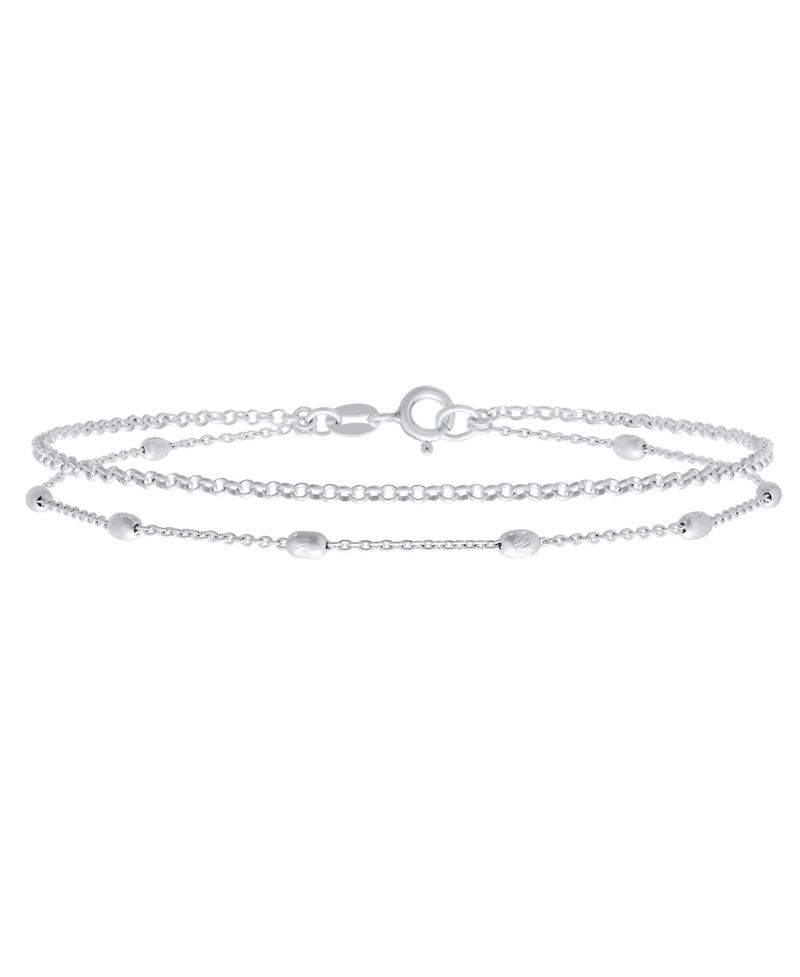 Bling Jewelry Simple Minimalist Alternating Chain Oval .925 Sterling Silver Small Oval Beads Layer Double Chain Anklet Station Ankle Bracelet 9 Inch