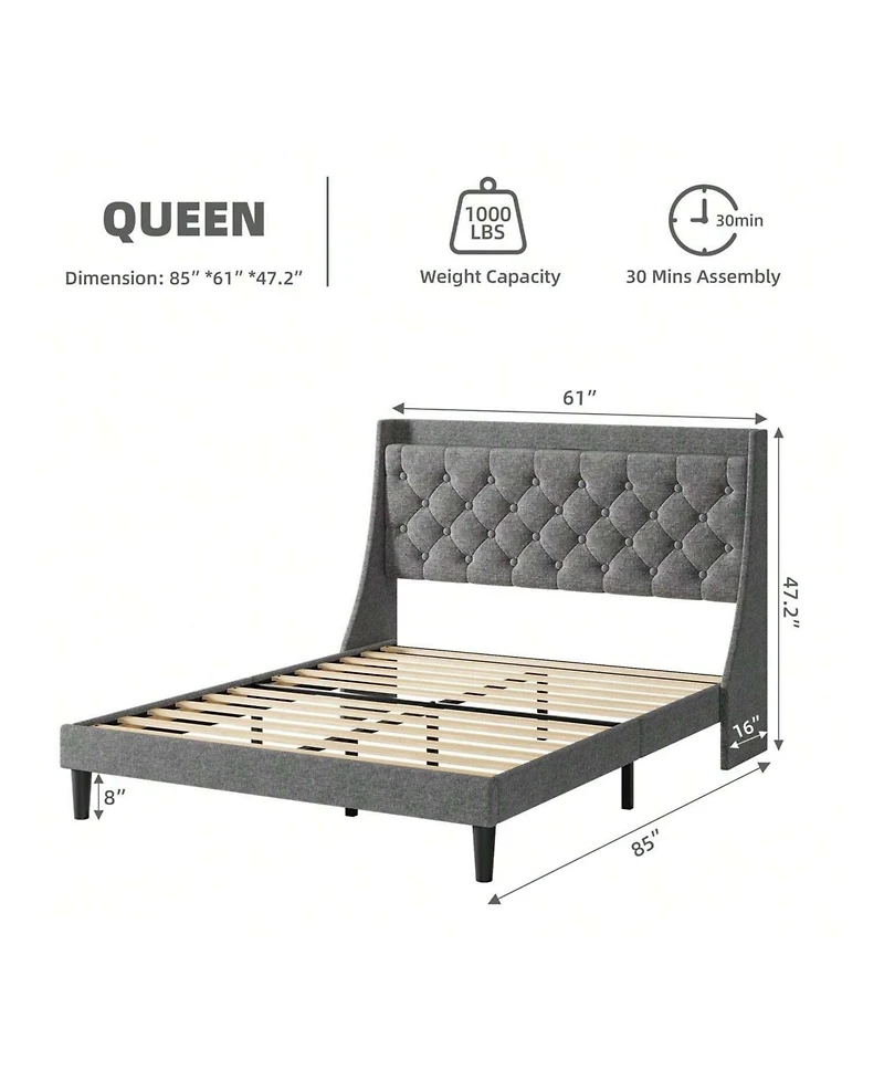 gaomon Queen/King Size Bed Frame With Upholstered Wingback Headboard, Luxurious Linen Upholstery Platform Bed With Charging Station, Button Tufted Des