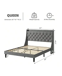 gaomon Queen/King Size Bed Frame With Upholstered Wingback Headboard, Luxurious Linen Upholstery Platform Bed With Charging Station, Button Tufted Des